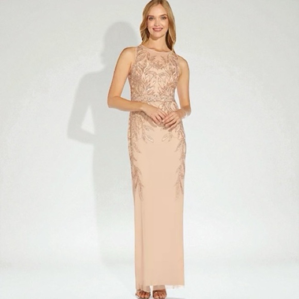Adrianna Papell Rose Gold Long Beaded Sleeveless Column Gown Size 14